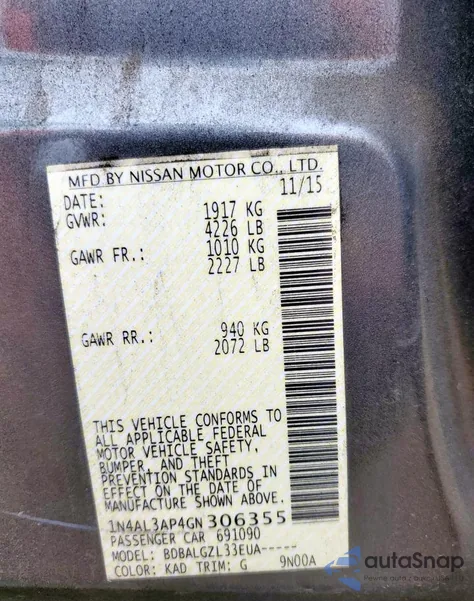 2016 Nissan Altima 2.5 z USA, uszkodzony, nr VIN 1N4AL3AP4GN306355